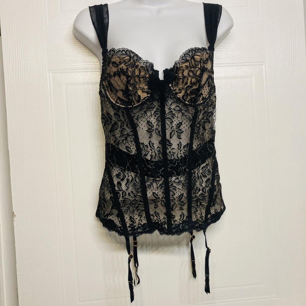 Victoria's Secret Corset Top Women 34B Black Gold Lace Garter Very Sexy Bustier
